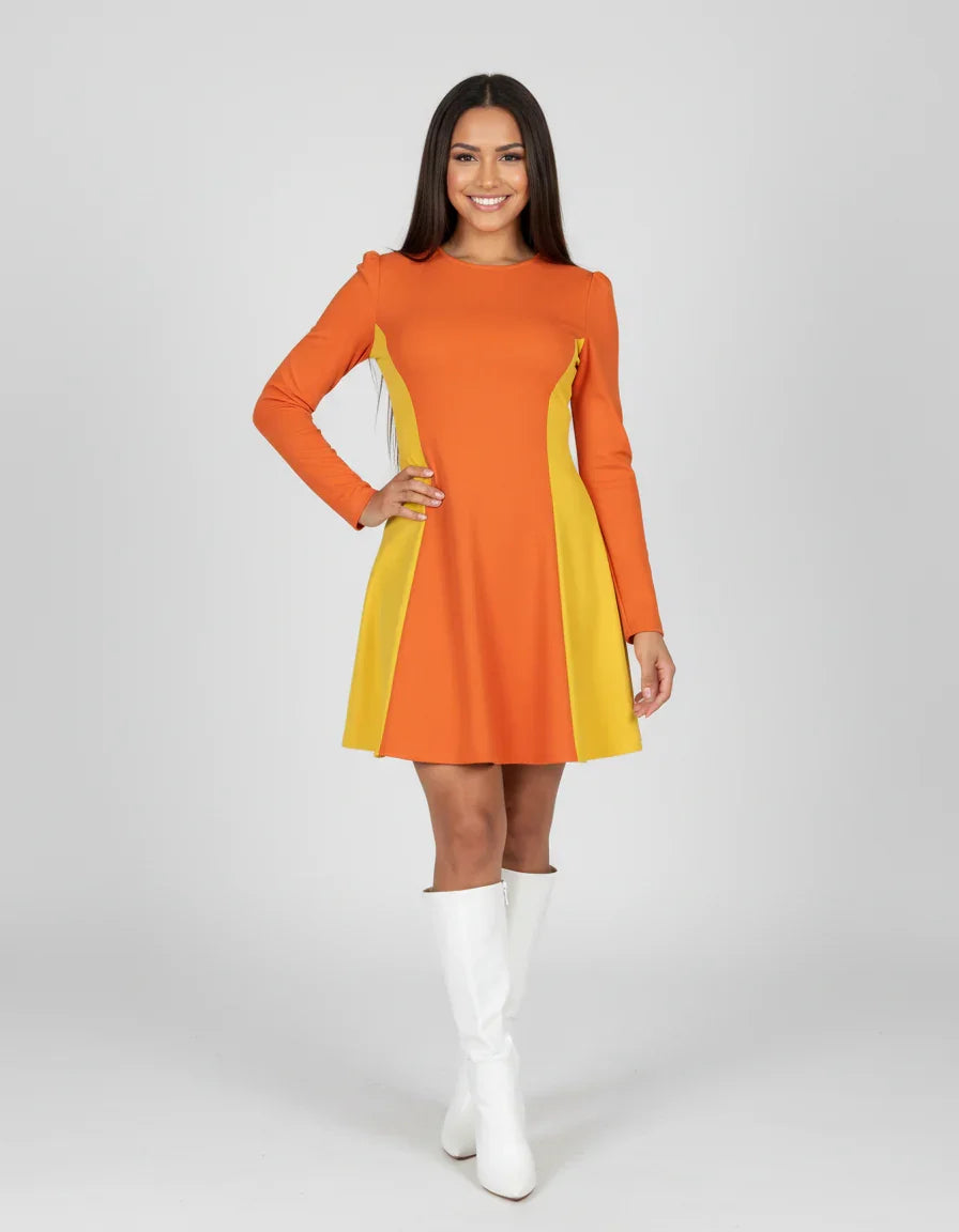 Safrana Color Block Fit & Flare Mini Dress - Orange & Yellow | Retro Mod - L Burning Orange / Sunglow Yellow Safrana Color Block Fit & Flare Mini Dress - Orange & Yellow | Retro Mod - L Burning Orange / Sunglow Yellow