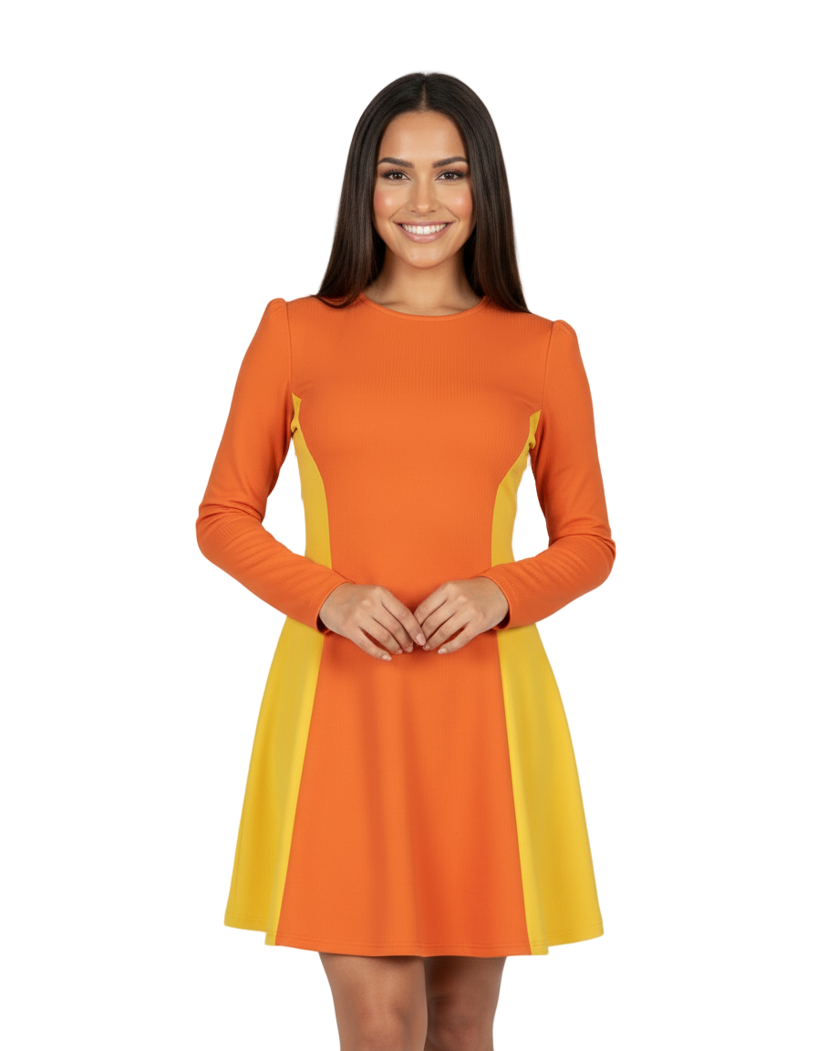 Safrana Color Block Series Dress in Burning Orange and Sunglow Yellow, long-sleeve mini dress with flared skirt - Retro Mod - Blissfully Brand