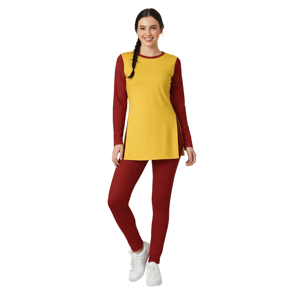 Safrana Color Block Yellow & Red Side Split Tunic Tee t & Leggings Set - Athleisure - Blissfully Brand