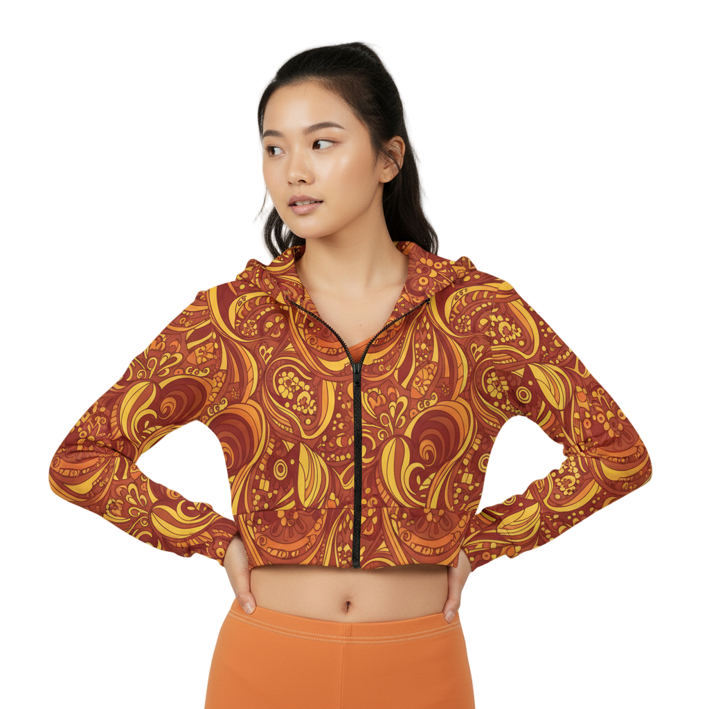 Safrana Print Cropped Hoodie in orange and yellow retro patterns, zipped up with hood, paired with matching orange leggings - Blissfully Brand
