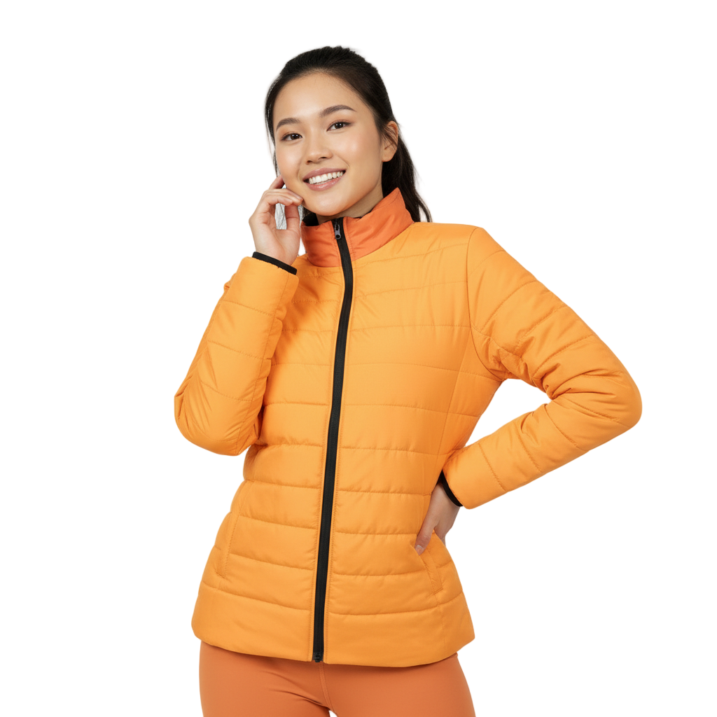 Vibrant Safrana Series orange lightweight puffer jacket with a stand collar, black zipper, and side pockets with insulated interior - Cropped - Blissfully Brand