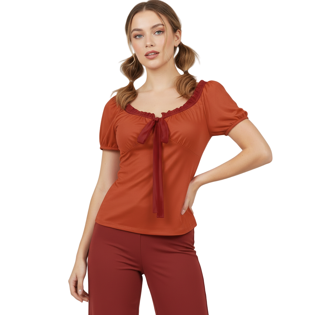 Safrana Series women’s top in Mojo Red with Old Brick Red trims, puff sleeves, ruffled square neckline and tie-front bow - Blissfully Brand