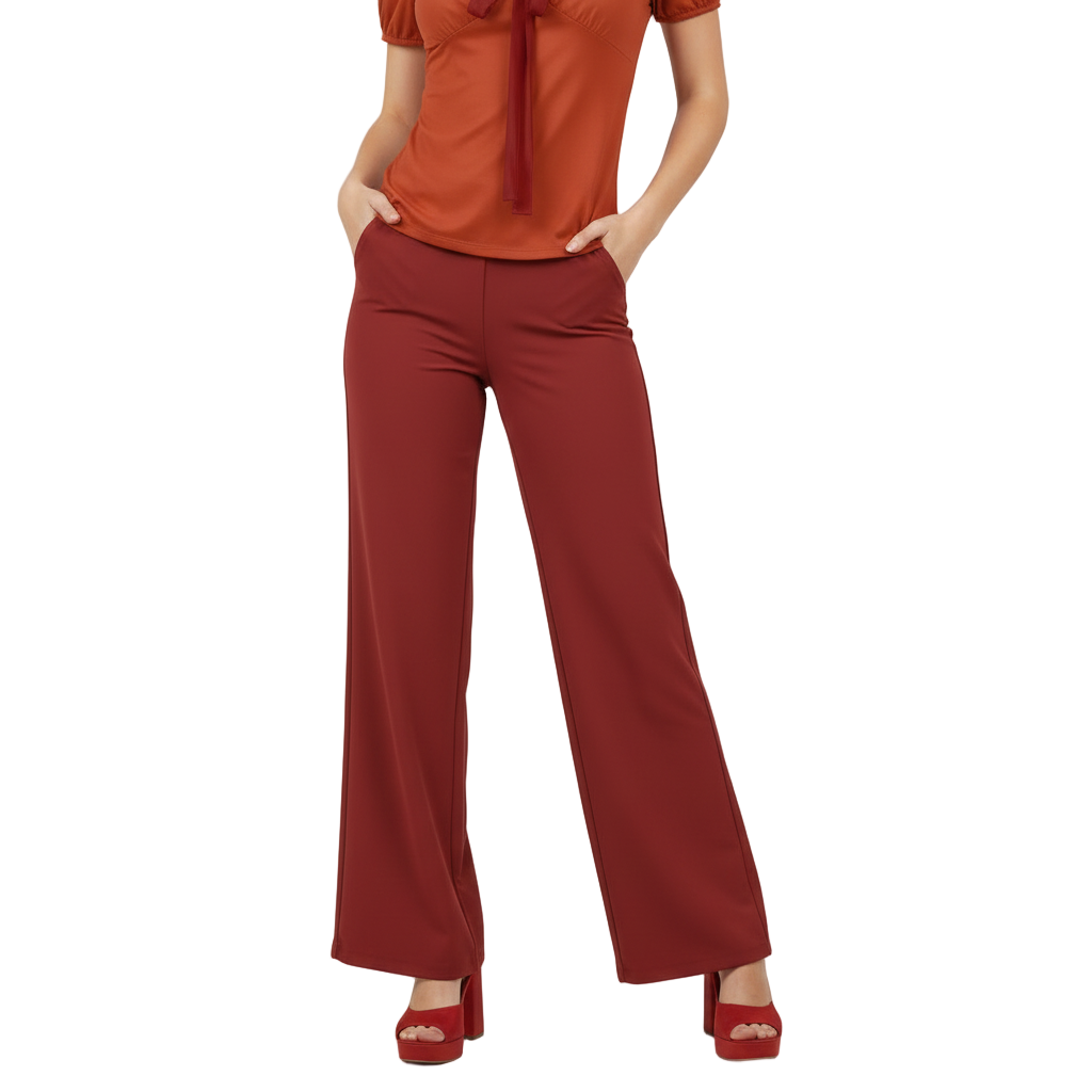 Women's Safrana Series Dark Red Lightweight Wide Leg Pants with flattering high-waisted fit, side pockets, and cotton denim-like feel - Blissfully Brand