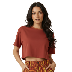 Safrana Series Deep Old Brick Red Solid Cropped Drop Shoulder Tee - Blissfullly Brand