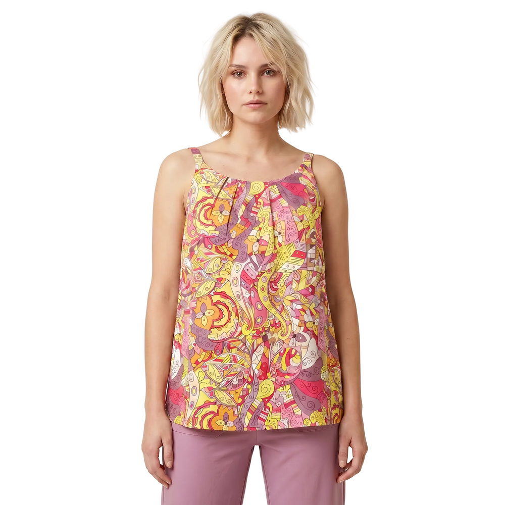 Women’s Semia print swing tank top in pink and yellow psychedelic retro abstract pattern, lightweight breathable cotton-like fabric, relaxed fit sleeveless scoop neck