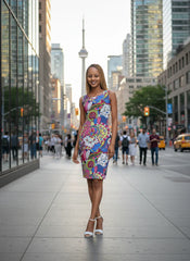 Sechia sheath dress by Blissfully Brand featuring a vibrant, bold retro-chic pattern with colorful abstract floral and geometric designs. Perfect for confident, statement-making fashion lovers who embrace vibrant, artistic styles