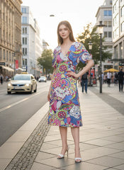 Sechia dress by Blissfully Brand featuring a vibrant, retro-inspired paisley and floral pattern in bold, colorful tones. A chic statement midi dress with a flattering V-neckline and short puff sleeves, perfect for bold, vibrant retro-chic dressers.