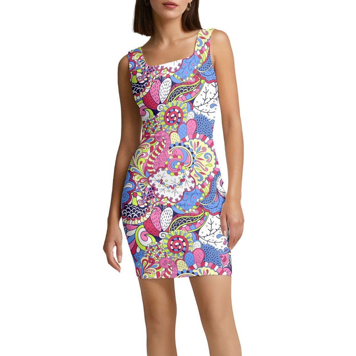 Sleeveless Paisley Dress Floral Print Sheath Party Retro Vibrant Bold Swirls Multicolor Funky Bodycon Mini Square Neck Blissfully Brand 