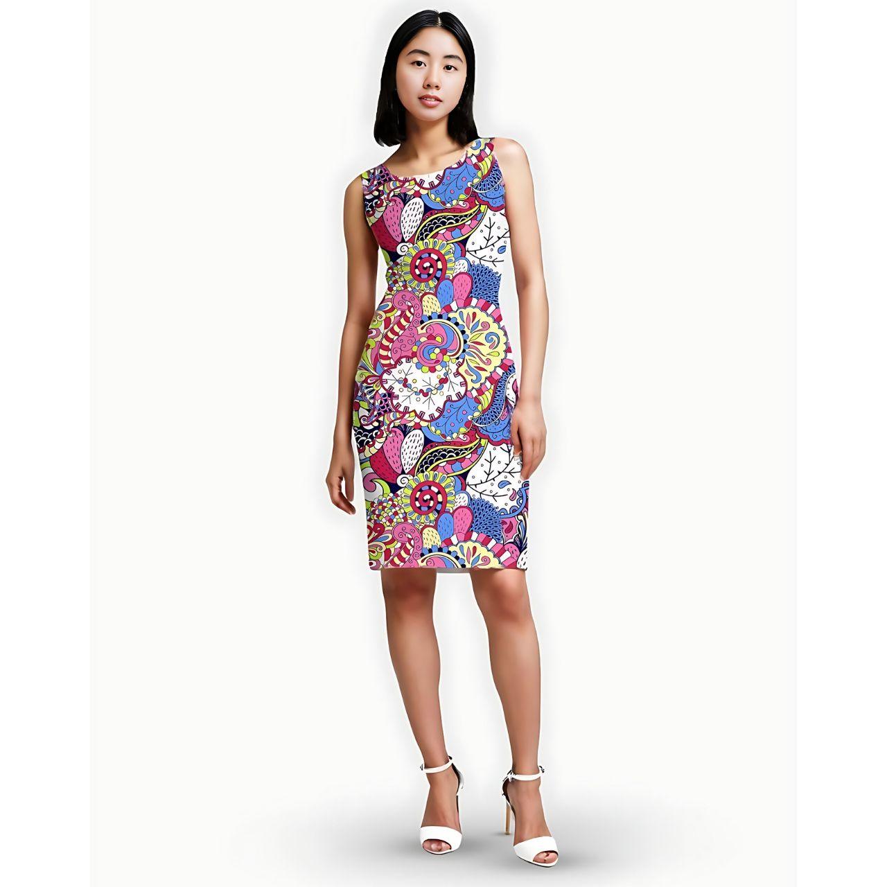 Sechia sleeveless above knee-length cocktail sheath dress Round Neck Retro Vibrant Bold Paisley Floral  Designer Print  Form fitted bodycon Blissfully Brand