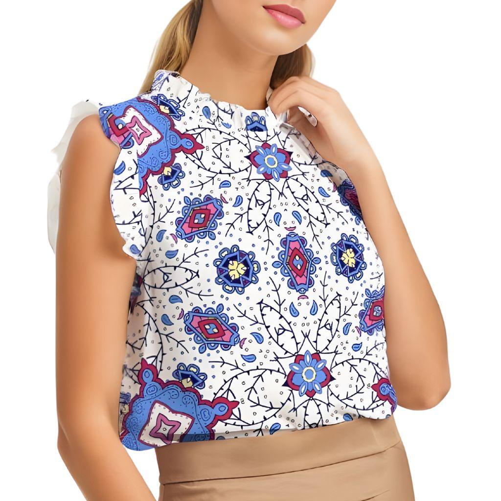 Sechia X Ruffle Cap Sleeve & Collar Top - Abstract Paisley Print - Sleeveless Bold Colorful Vibrant Retro Psychedelic Wild Cute Swirls Kaleidoscope Red Pink Blue White Ruffled Frill Blouse