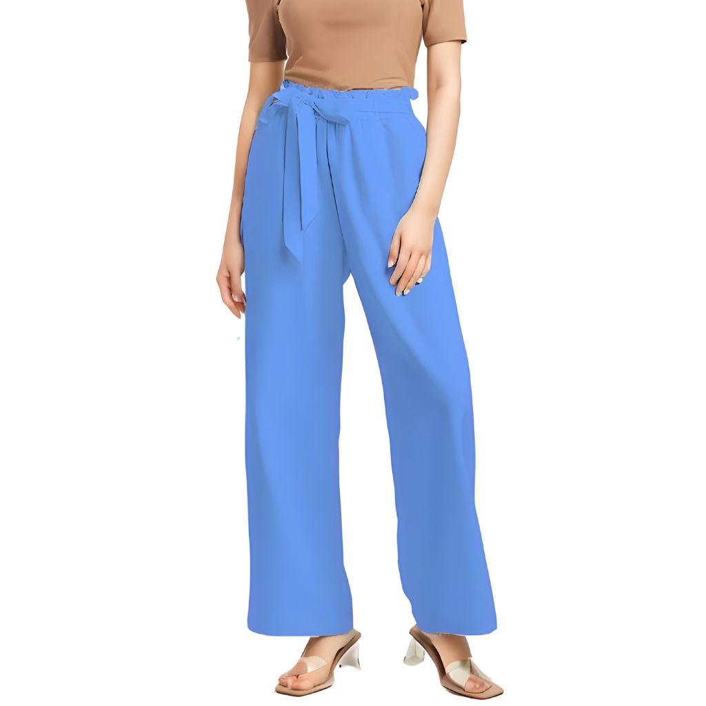 Sechia Mid Blue Women's High-Rise Wide Leg Pants Belted Palazzo Elastic Waist Solid Vibrant Bold Bright Bottoms Sky Blue Belted Self Tie Chiffon
