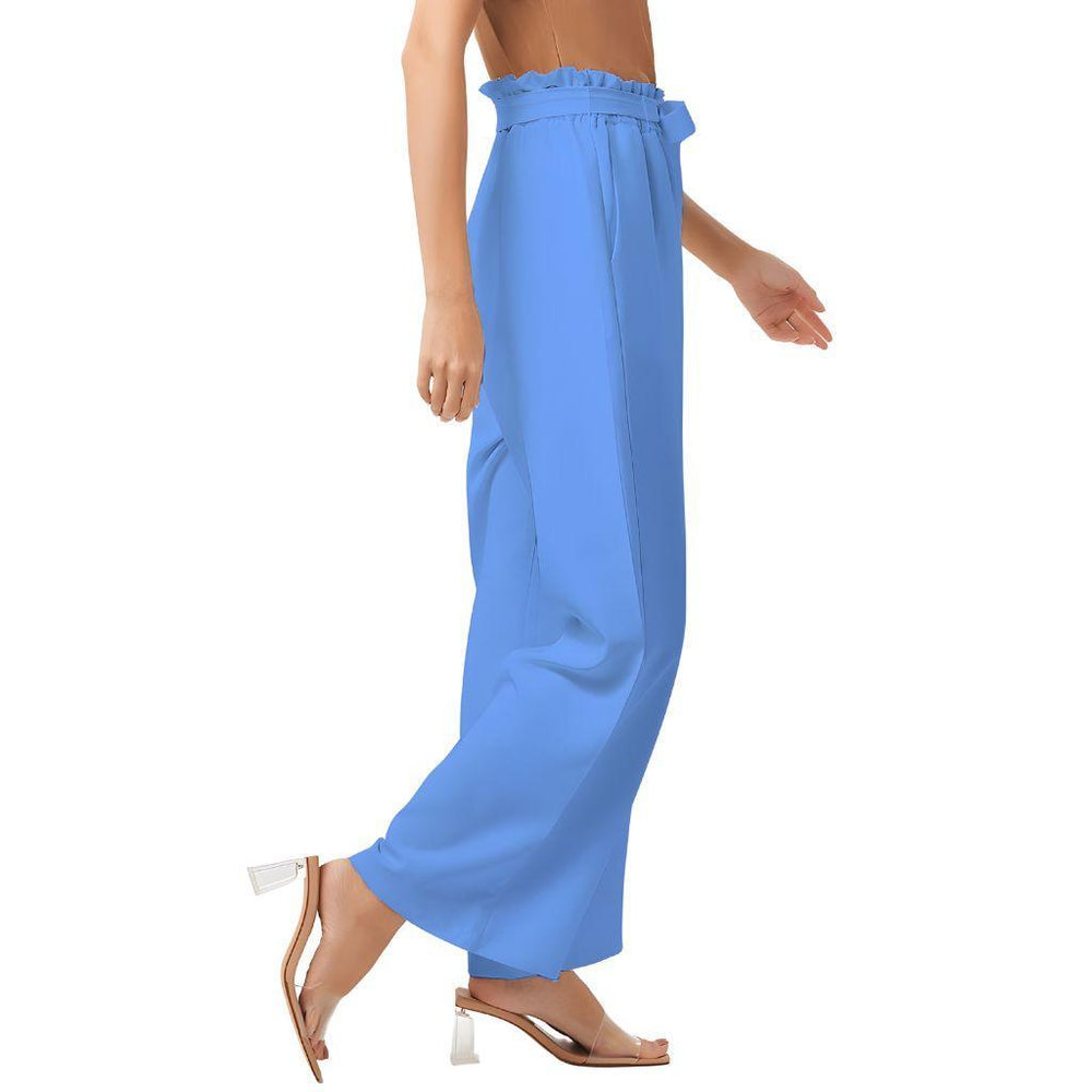 Sechia Mid Blue Women's High-Rise Wide Leg Pants Belted Palazzo Elastic Waist Solid Vibrant Bold Bright Bottoms Sky Blue Belted Self Tie Chiffon