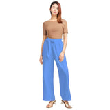 Sechia Mid Blue Women's High-Rise Wide Leg Pants Belted Palazzo Elastic Waist Solid Vibrant Bold Bright Bottoms Sky Blue Belted Self Tie Chiffon