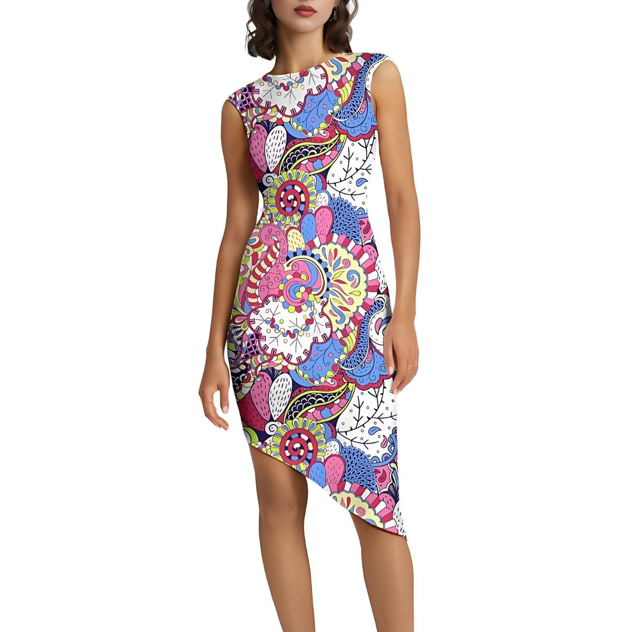 Sechia Eye-catching designer dress Psychedelic pattern Knee Length Asymmetrical Sleeveless sheath Cocktail Paisley Floral Vibrant Bold Blissfully Brand