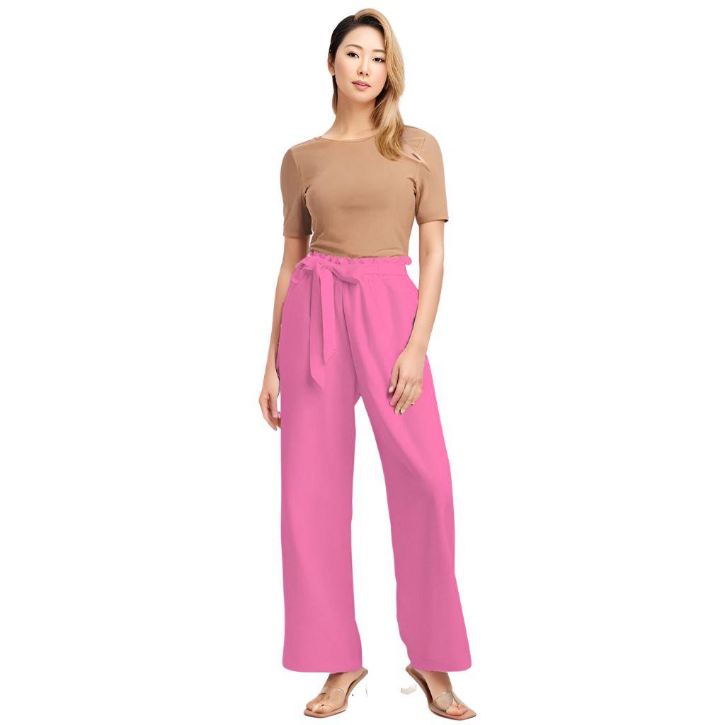 Sechia Hot Pink Women's High-Rise Wide Leg Pants Belted Palazzo Elastic Waist Solid Vibrant Bold Bright Bottoms