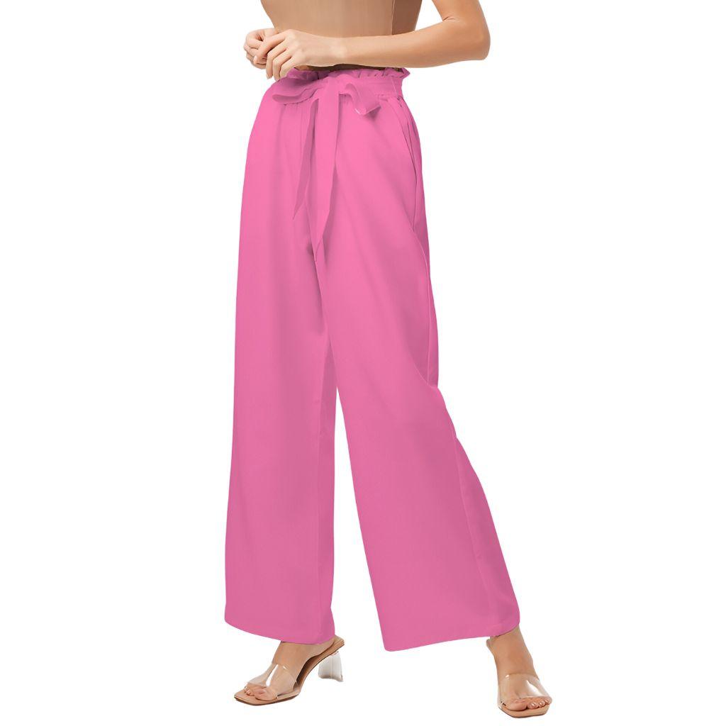 Sechia Hot Pink Women's High-Rise Wide Leg Pants Belted Palazzo Elastic Waist Solid Vibrant Bold Bright Bottoms Belted Self Tie Chiffon