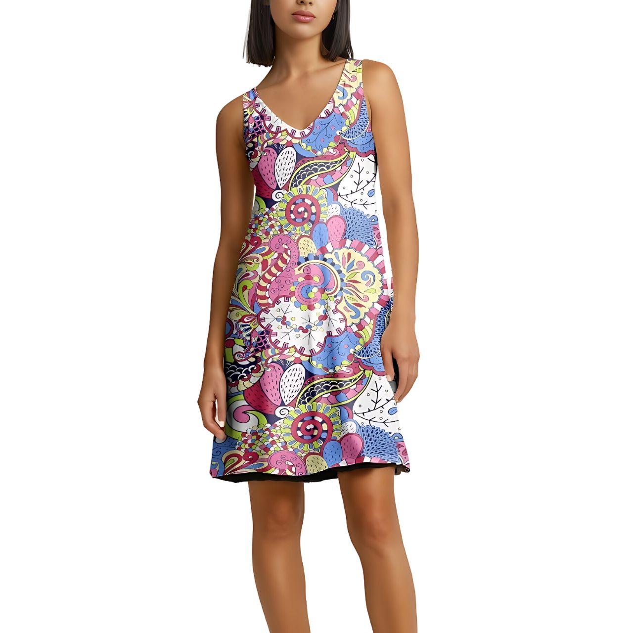 Sechia reversible dress Paisley Floral Multicolor Swirls Psychedelic Retro Vibrant Bold V-neck  Designer Dress Blissfully Brand