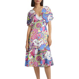 Flowy short sleeve summer dress bold beautiful eye-catching festive paisley multicolor retro psychedelic swirls vibrant butterfly sleeves midi blissfully brand