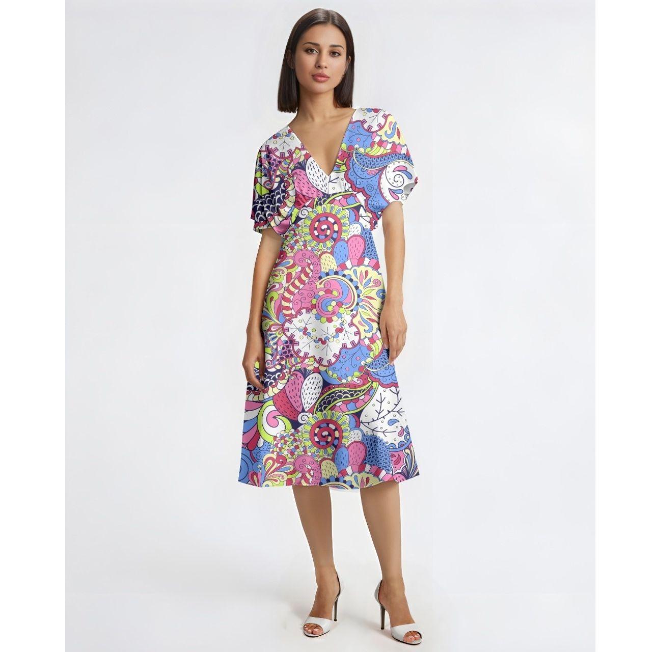 Flowy short sleeve summer dress bold beautiful eye-catching festive paisley multicolor retro psychedelic swirls vibrant butterfly sleeves midi blissfully brand