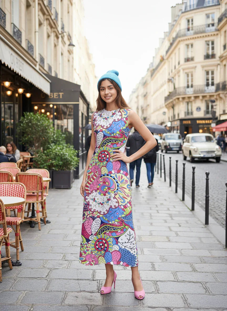 Bold retro chic Sechia dress by Blissfully Brand featuring a vibrant, multicolored abstract pattern with swirls, florals, and geometric shapes; sleeveless maxi dress silhouette designed for statement-making, confident dressers