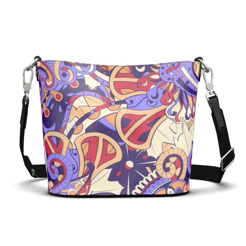 Spacious Nappa Leather Bucket Bag with Colorful Abstract Pattern in baroque and paisley motifs with Adjustable Strap