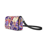 Retro Vibrant and elegant leather flap over clutch with intricate pattern psychedelic design crossbody bag handmade