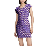 Stylish purple geometric pattern tee dress with cap sleeves and form-fitting silhouette Blissfully Brand