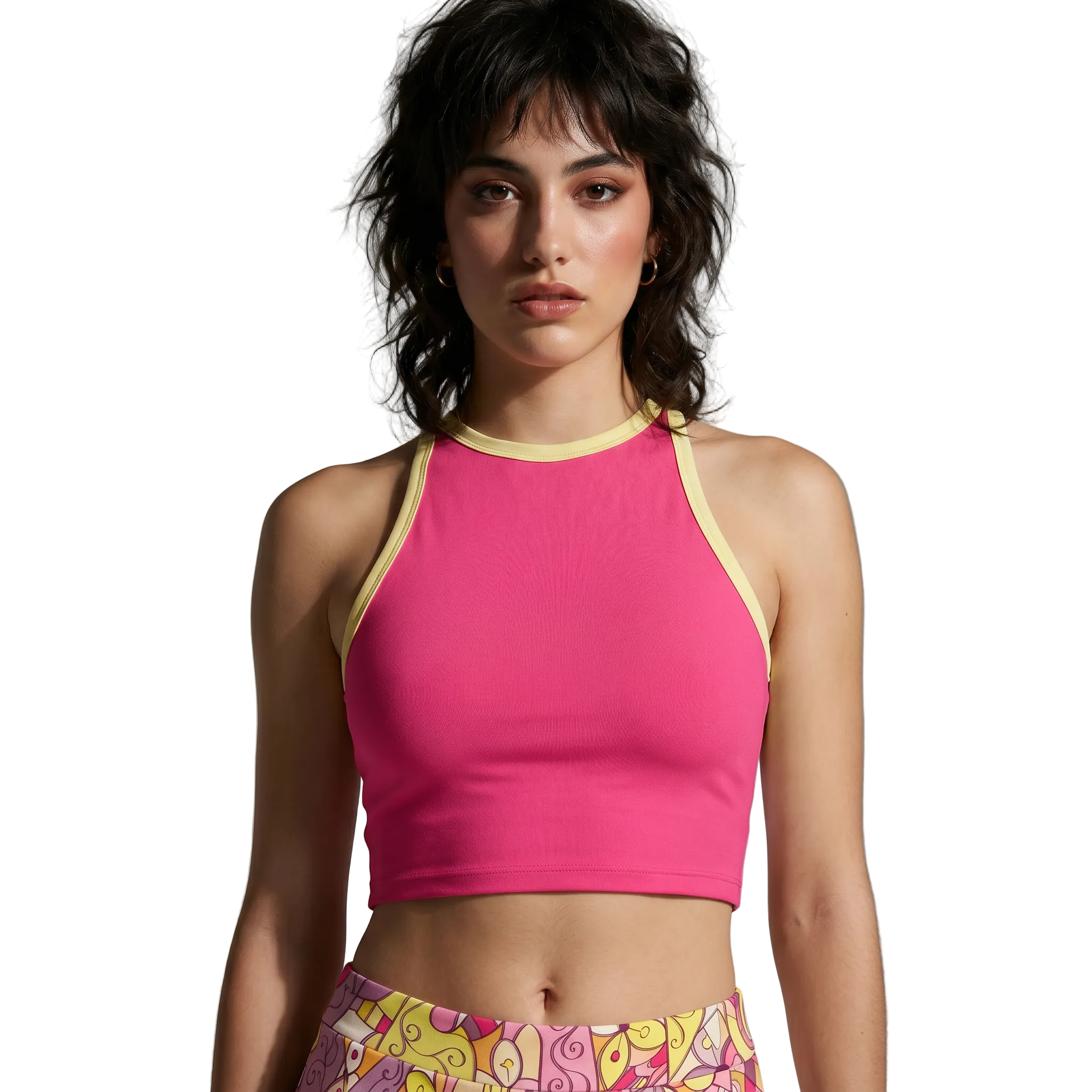 Semia Color Series racerback high-neck crop top in cerise pink red with Sahara yellow trim, breathable cotton-like fabric - Blissfully Brand