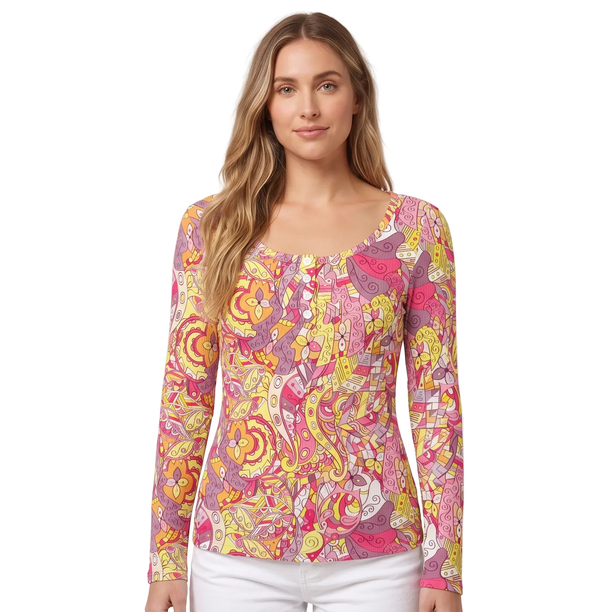 Women’s Semia print long sleeve ribbed Henley top with colorful paisley floral geometric pattern in pink yellow and purple, fitted breathable knit shirt - Blissfully Brand