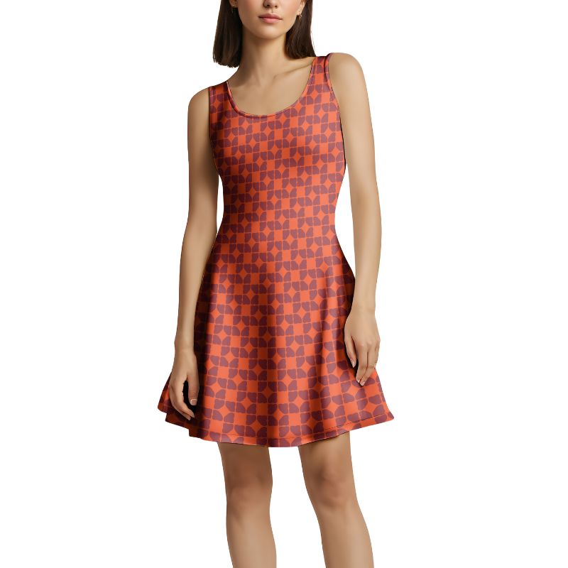 Serena series skater dress handmade in London - red and orange  geometric patterned fit-and-flare dress - Blissfully Brand