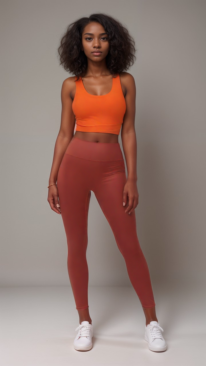 Serena dark red high-waisted eco-friendly sustainable leggings with inner pocket and orange contrast sports bra - athleisure activewear outfits sets by Blissfully Brand