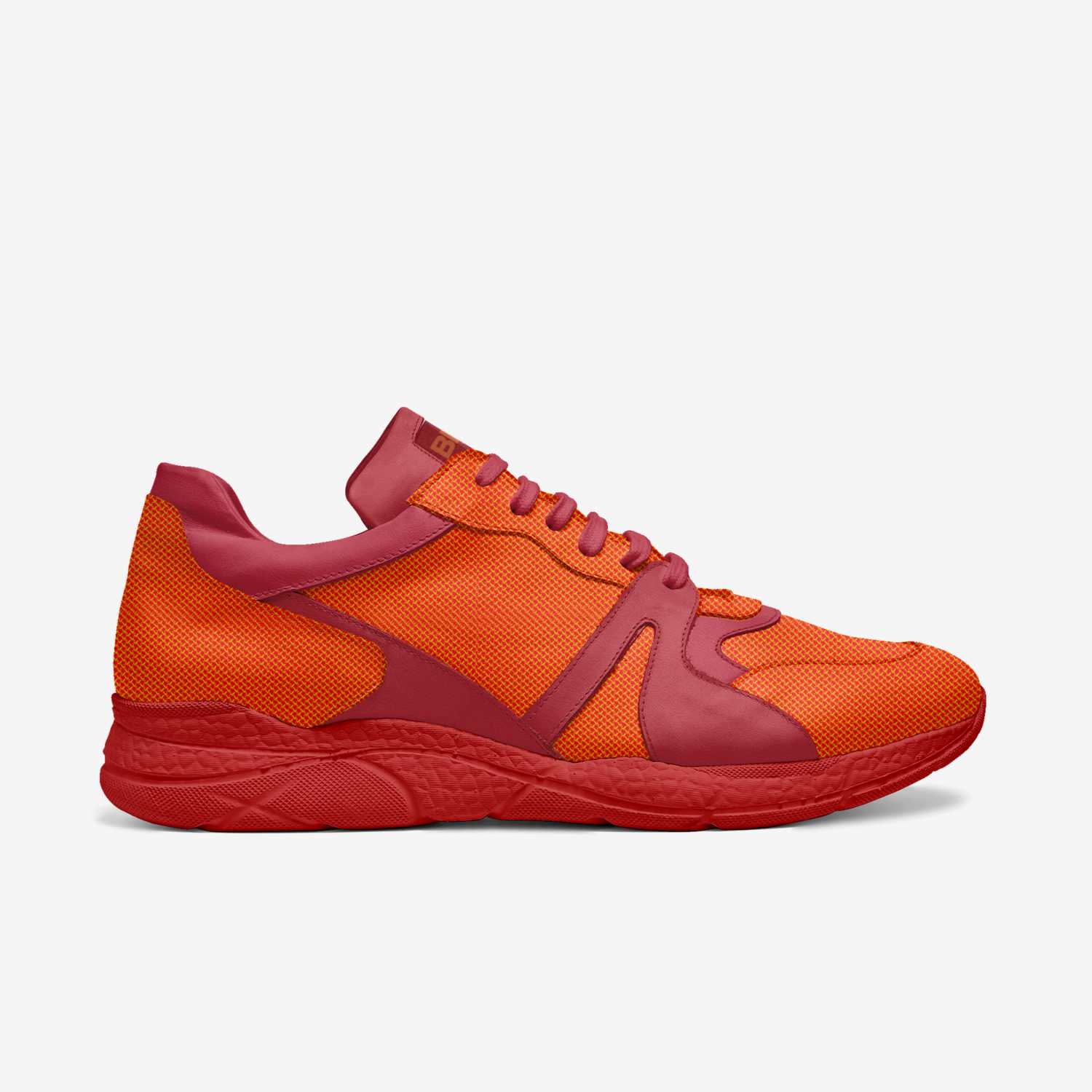 Pair of vibrant red Serena Sneakers with orange mesh detailing, handcrafted in Italy, showcasing Italian leather overlays and a carved rubber sole - Vivezza by Blissfully Brand