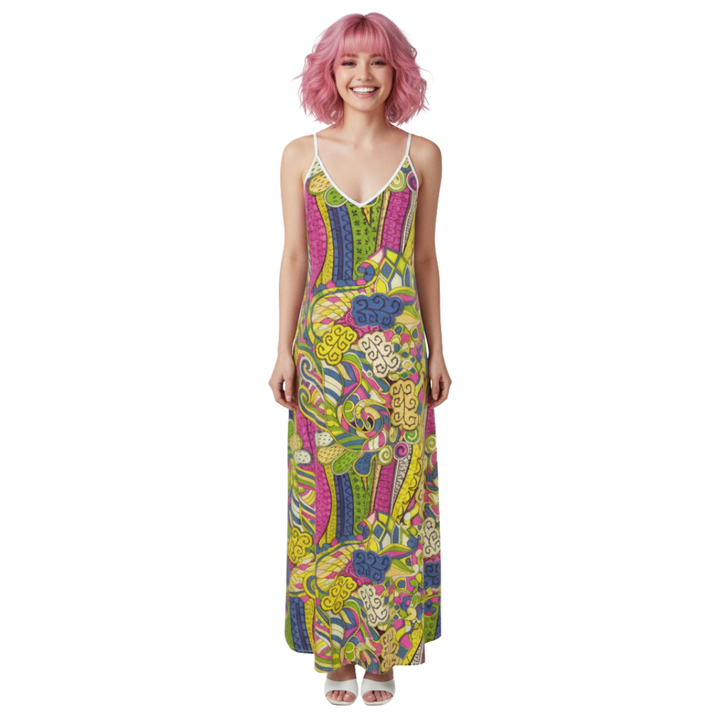 Suki Maxi Slip Dress - Blissfully Brand - Retro Boho whimsical florals Geometric Pink Green Yellow Swirls Psychedelic Bold V-neck Strap Spaghetti Backless Handmade Designer