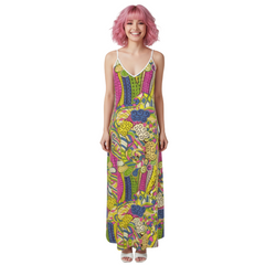 Suki Maxi Slip Dress - Blissfully Brand - Retro Boho whimsical florals Geometric Pink Green Yellow Swirls Psychedelic Bold V-neck Strap Spaghetti Backless Handmade Designer