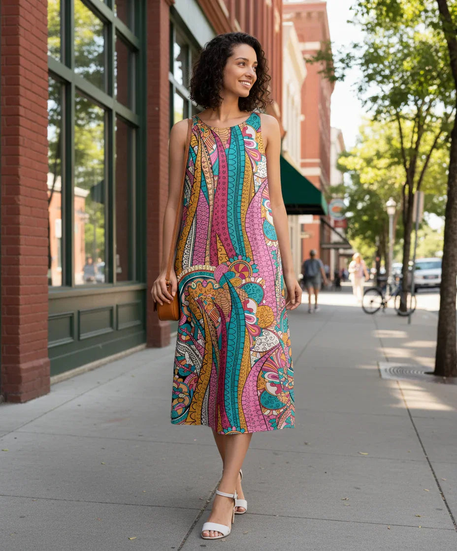 colorful Taki print sleeveless maxi dress flowy with vibrant abstract boho tribal pattern - retro psychedelic - Profonde by Blissully Brand