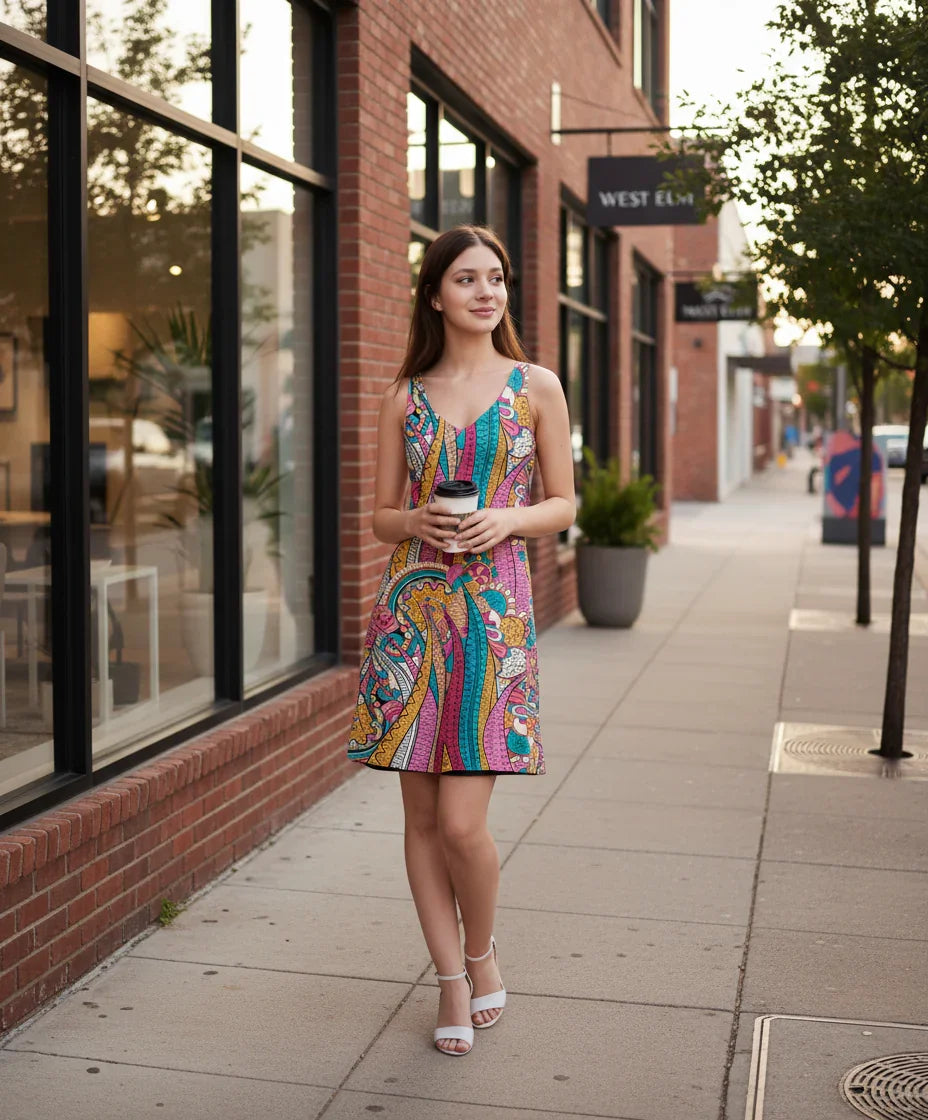 Taki print reversible dress with colorful tribal design and solid black reverse option - Retro Psychedelic  - Profonde by Blissfully Brand