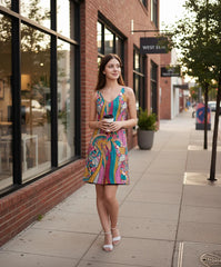 Taki print reversible dress with colorful tribal design and solid black reverse option - Retro Psychedelic  - Profonde by Blissfully Brand