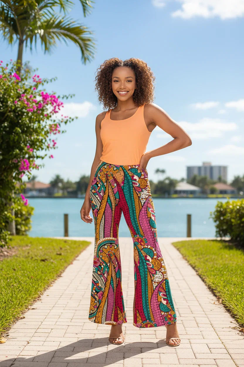 Vibrant Taki Print Palazzo Pants Retro Psychedelic Swirls Colorful Chic Boho Wide Leg Trousers - Profonde by Blissfully Brand