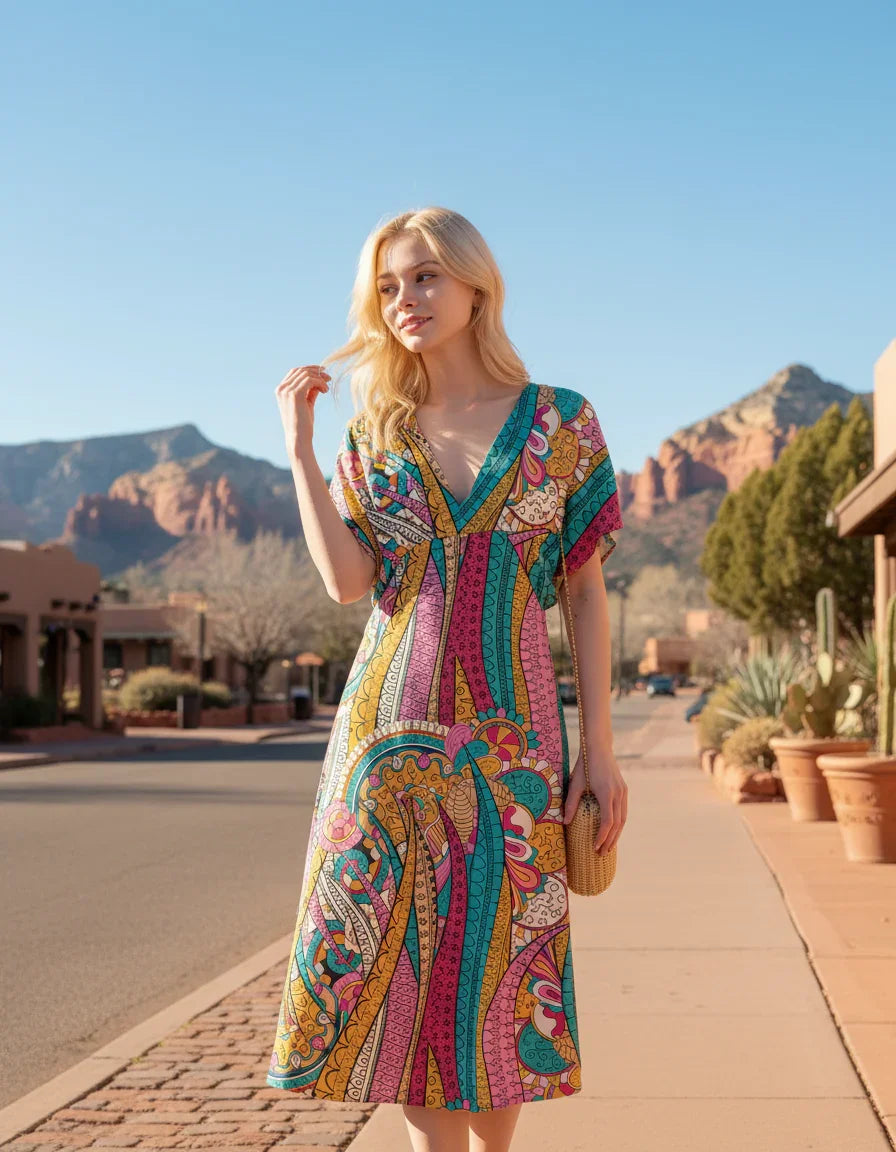 Colorful Taki print draped sleeves midi dress with V-neck and abstract bohemian pattern - tribal retro psychedelic - Profonde by Blissfully brand