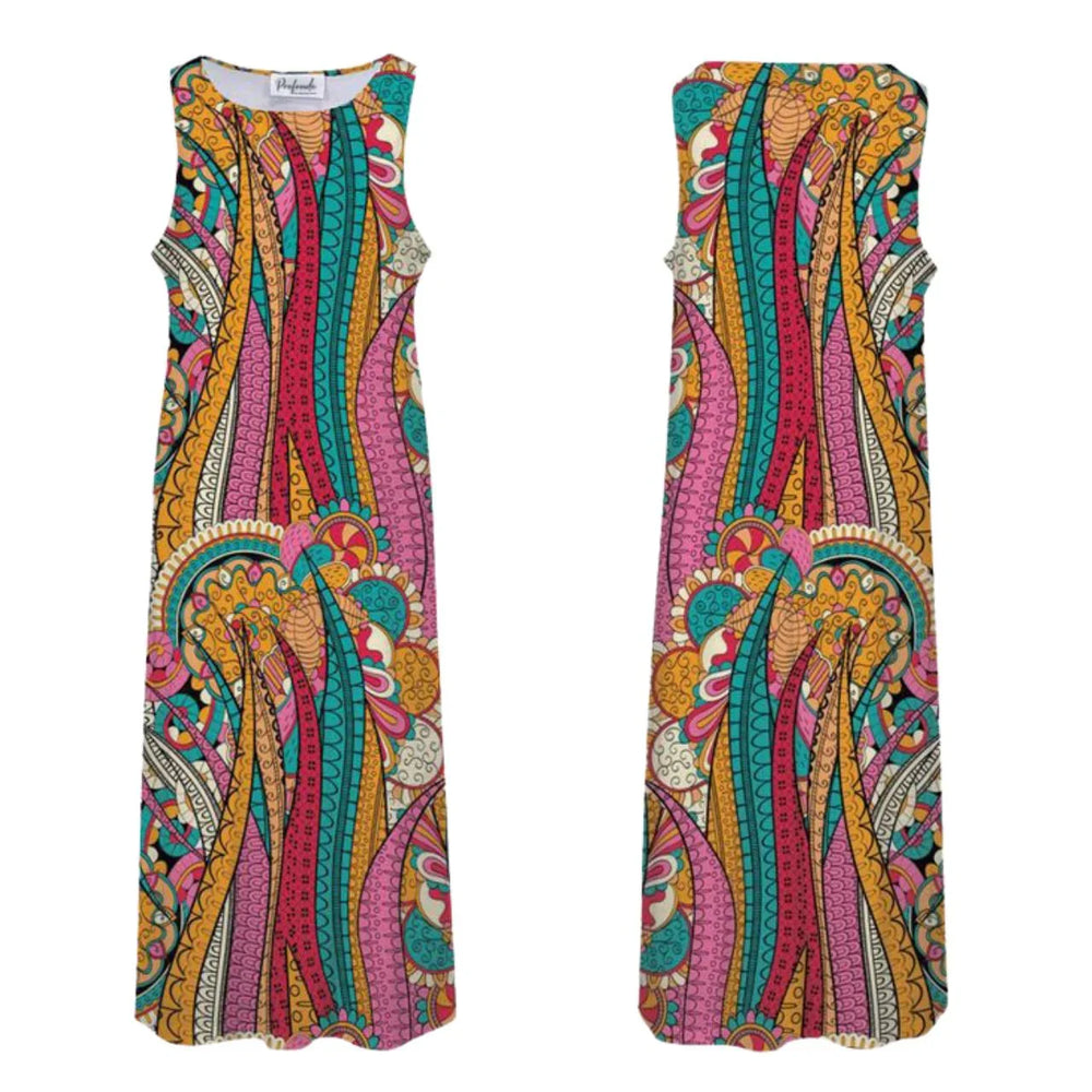 colorful Taki print sleeveless maxi dress flowy with vibrant abstract boho tribal pattern - retro psychedelic - Profonde by Blissully Brand