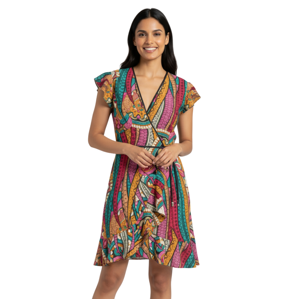 Taki Flounce Hem Wrap Tea Dress - Abstract Paisley Print - Kaliedoscopic - Red Green - Retro Dress - Psychedelic - Handmade - 70's - Blissfully Brand