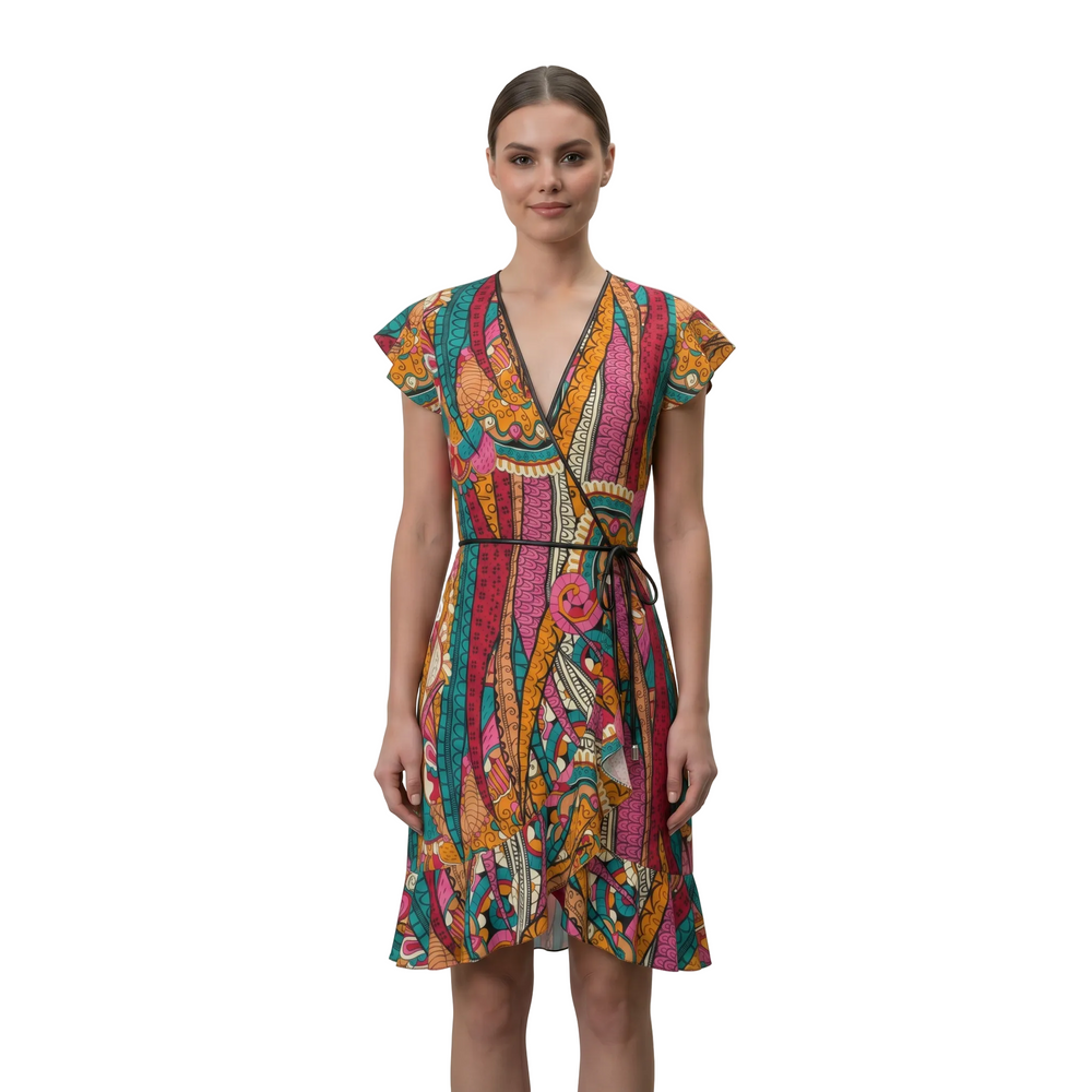 Taki Print Flounce Wrap Dress in psychedelic Persian green, crimson red, tango orange, tickle me pink and sandy brown — deep V neckline, flutter sleeves, flounced hem, slim wrap belt — made to order in London for bold fashion-forward women