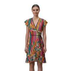 Taki Print Flounce Wrap Dress in psychedelic Persian green, crimson red, tango orange, tickle me pink and sandy brown — deep V neckline, flutter sleeves, flounced hem, slim wrap belt — made to order in London for bold fashion-forward women
