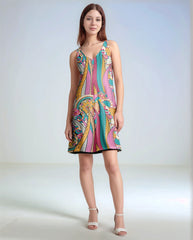 Taki print reversible dress with colorful tribal design and solid black reverse option - Retro Psychedelic  - Profonde by Blissfully Brand