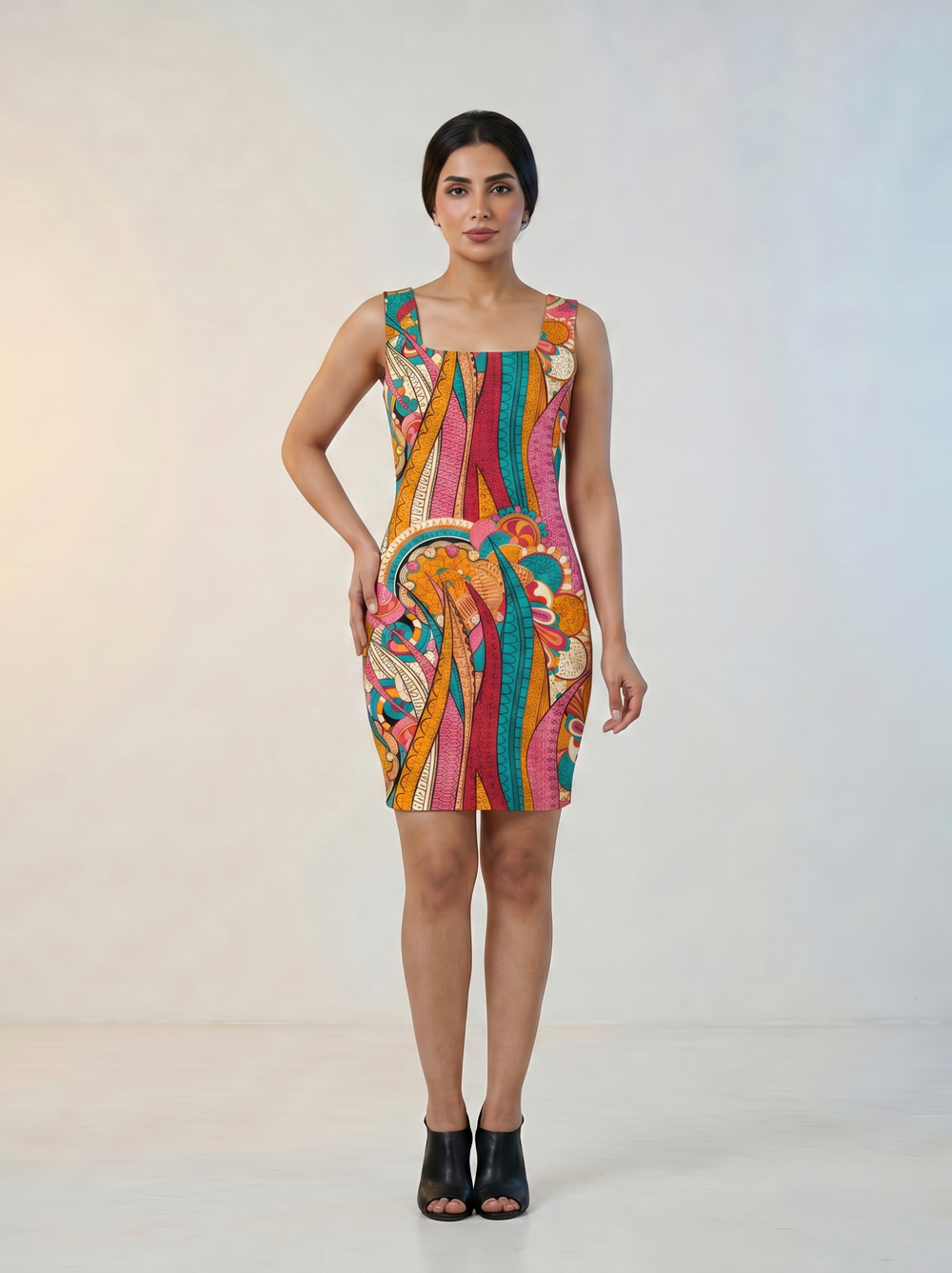 Woman wearing the Taki Print Sleeveless Bodycon Dress in Crimson Red, Persian Green, Tango Orange, and Tickle Me Pink Scuba Knit — psychedelic cocktail bodycon dress from Blissfully Brand Profonde Collection, made to order in Montréal, Canada
