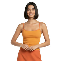 angerine spaghetti strap cami tank top with orange trim, styled with Giant Orange mini skirt — BlissfullyBrand Core Essentials Collection
