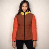 Tri-color High Collar Puffer Quilted Jacket Women's Orange Brown Yellow Autumn Fall Fashion Blissfully Brand