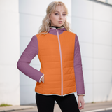 bright orange and purple hooded puffer jacket with pockets, vibrant color block outwear Blissfully Brand