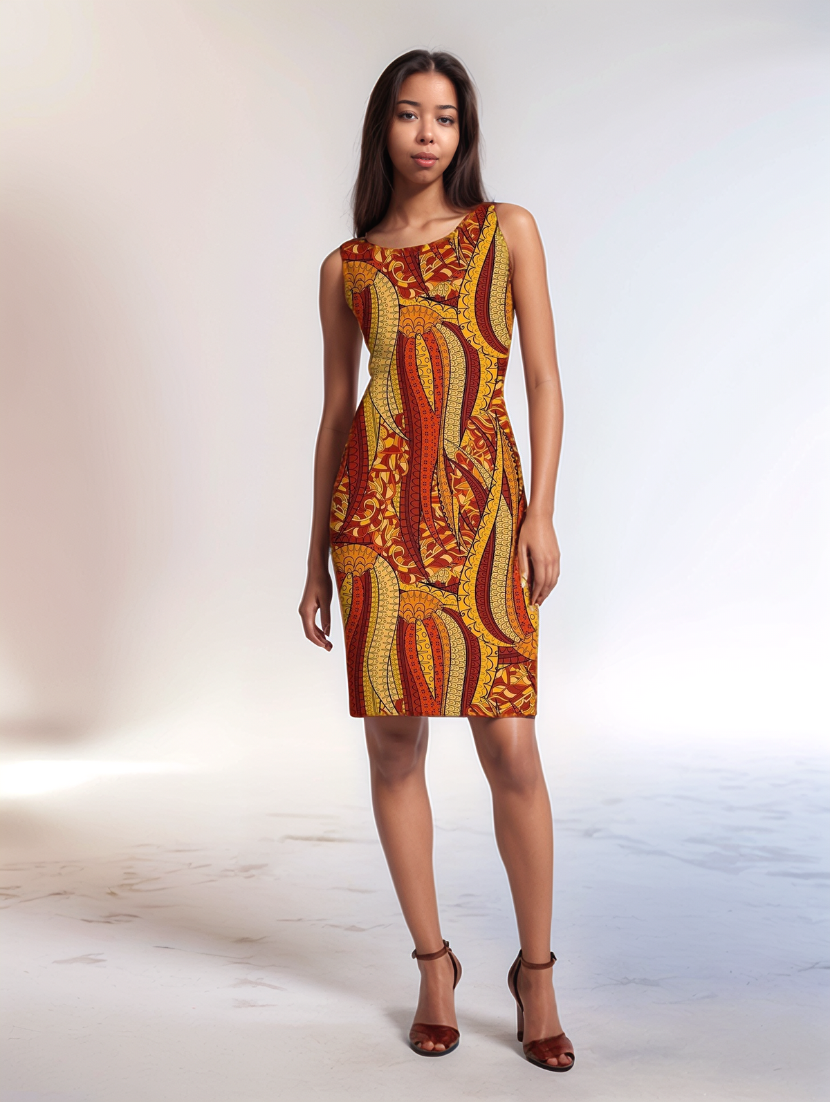 Ame dress by Blissfully Brand featuring a colorful fire inspired abstract print in gold and orange and knee length. Retro Chic