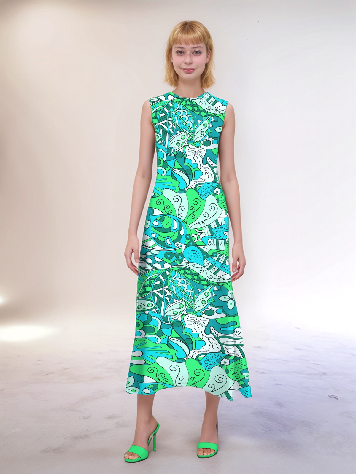 Umibe Dress by Blissfully Brand: A stunning sleeveless high neck maxi dress in a swirling teal and lime green paisley print. Perfect for the retro-chic dresser who loves to turn head